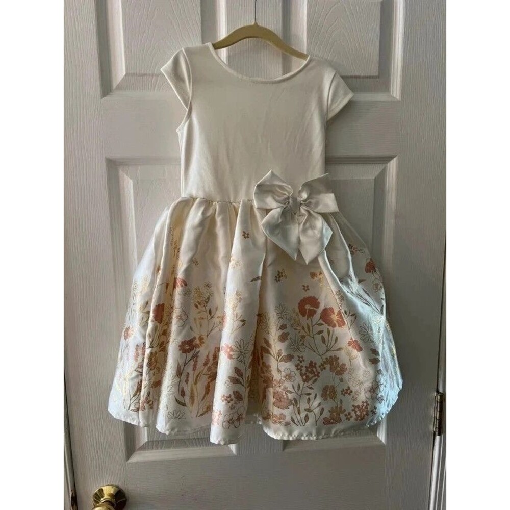 H&M Girls Cream Gold Foil Floral Satin Bow Back Party Holiday Dress Size 5